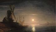 Ivan Aivazovsky A windmill overlooking a moonlit bay oil on canvas